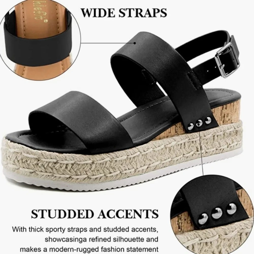 Athlefit Espadrilles Platform Wedge Open Toe Black Sandals Size 11